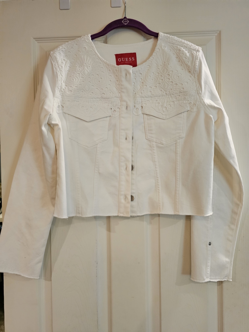 GUESS White Eyelet Yoke Cropped Button Jacket